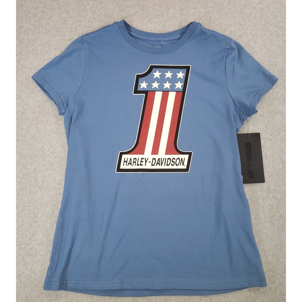 Harley-Davidson Womens Blue #1 Stars and Stripes Graphic T-Shirt Size M NEW